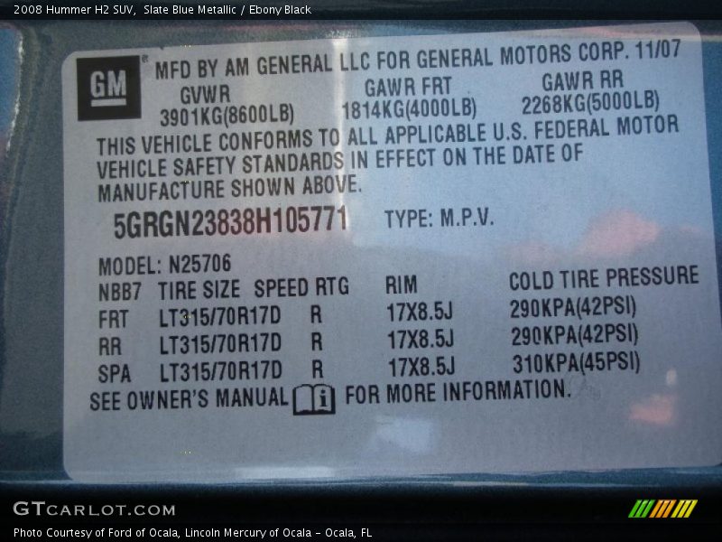 Info Tag of 2008 H2 SUV