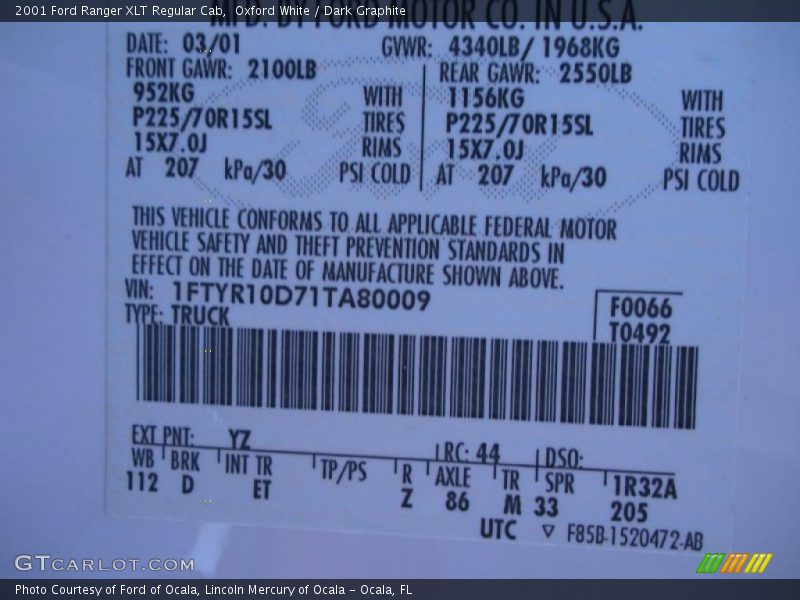 2001 Ranger XLT Regular Cab Oxford White Color Code YZ