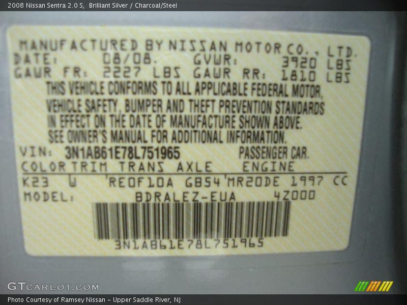 Brilliant Silver / Charcoal/Steel 2008 Nissan Sentra 2.0 S