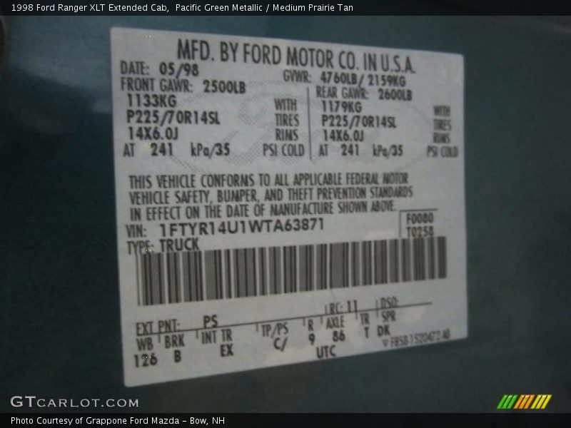 1998 Ranger XLT Extended Cab Pacific Green Metallic Color Code PS