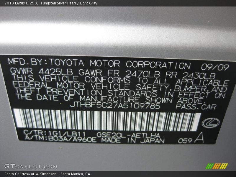 2010 IS 250 Tungsten Silver Pearl Color Code 1G1