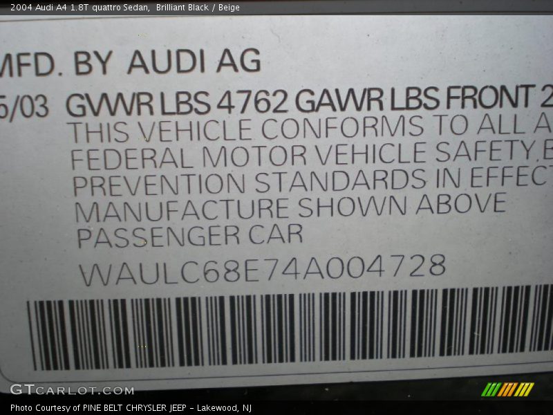 Brilliant Black / Beige 2004 Audi A4 1.8T quattro Sedan