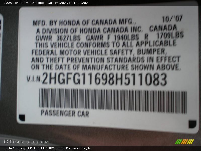 Galaxy Gray Metallic / Gray 2008 Honda Civic LX Coupe