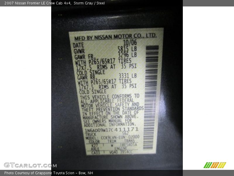 2007 Frontier LE Crew Cab 4x4 Storm Gray Color Code K27