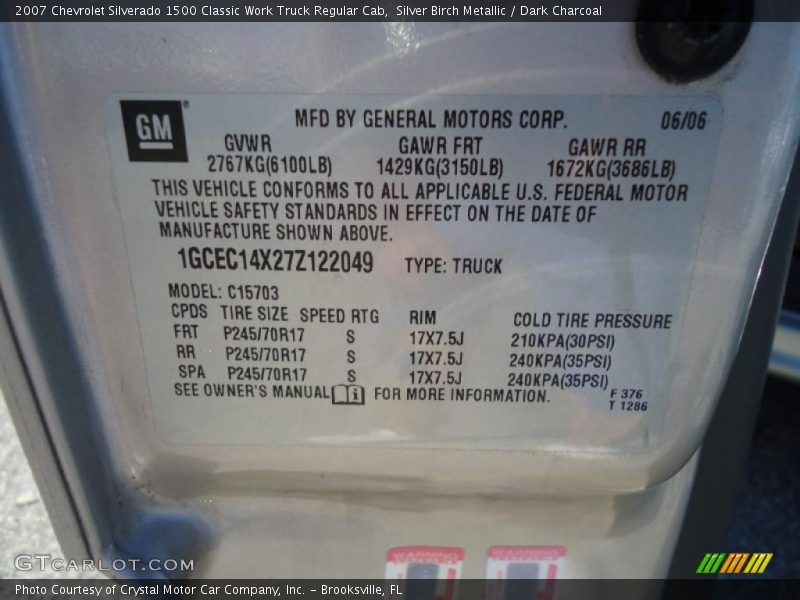 Silver Birch Metallic / Dark Charcoal 2007 Chevrolet Silverado 1500 Classic Work Truck Regular Cab