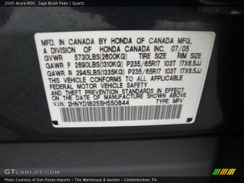 Info Tag of 2005 MDX 