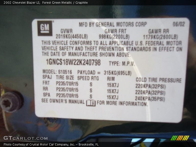 Forest Green Metallic / Graphite 2002 Chevrolet Blazer LS