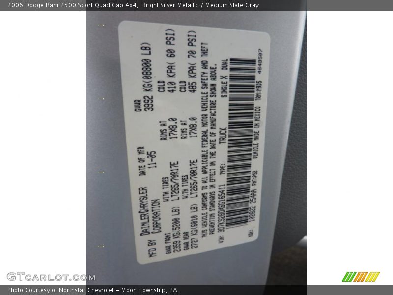 2006 Ram 2500 Sport Quad Cab 4x4 Bright Silver Metallic Color Code PS2