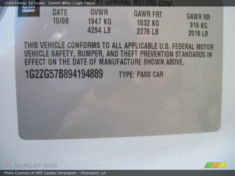 Summit White / Light Taupe 2009 Pontiac G6 Sedan