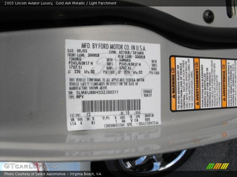 2003 Aviator Luxury Gold Ash Metallic Color Code C2