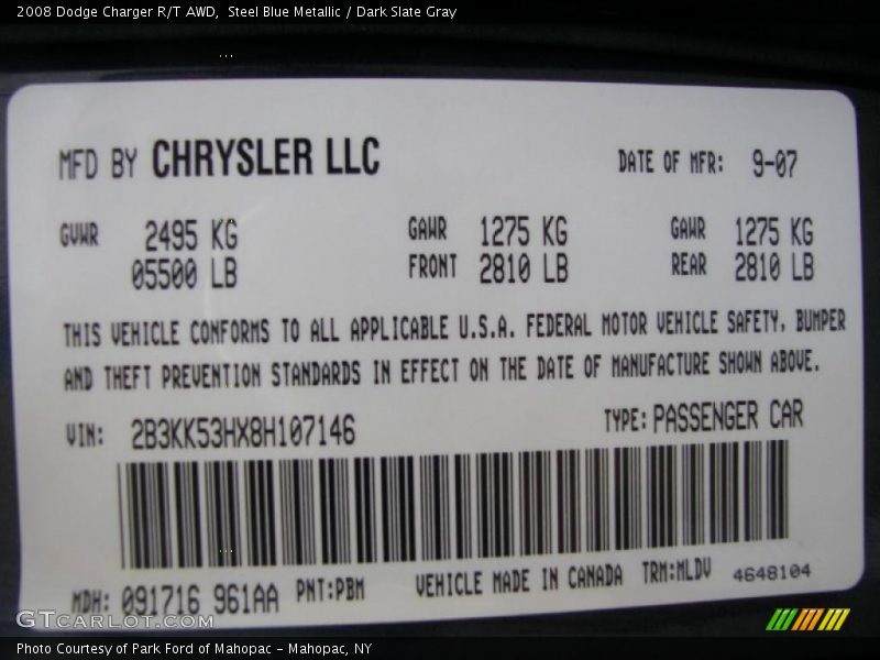 Steel Blue Metallic / Dark Slate Gray 2008 Dodge Charger R/T AWD