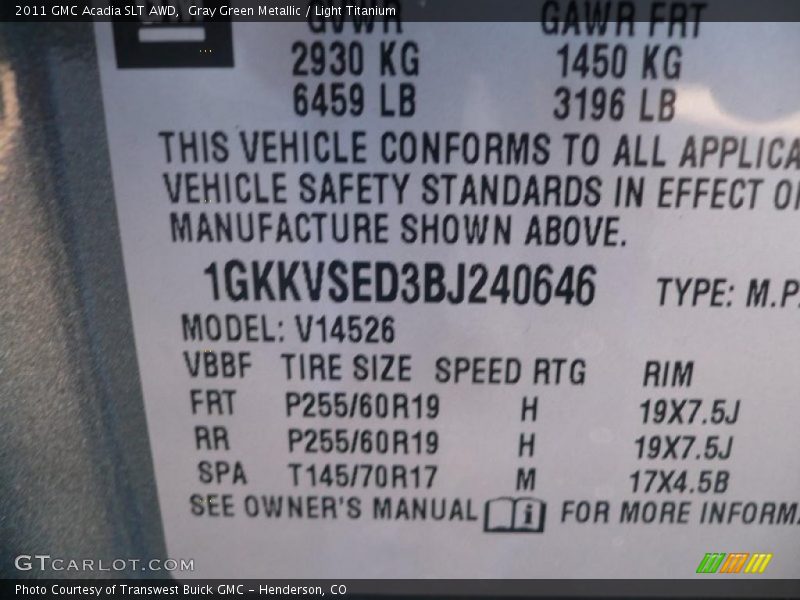Info Tag of 2011 Acadia SLT AWD