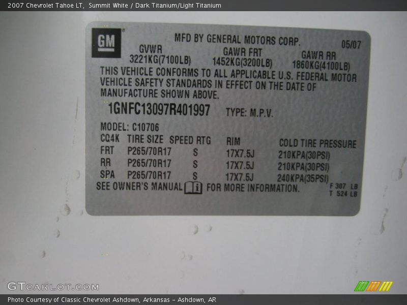 Summit White / Dark Titanium/Light Titanium 2007 Chevrolet Tahoe LT