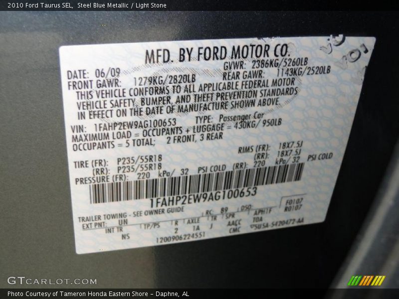 Steel Blue Metallic / Light Stone 2010 Ford Taurus SEL