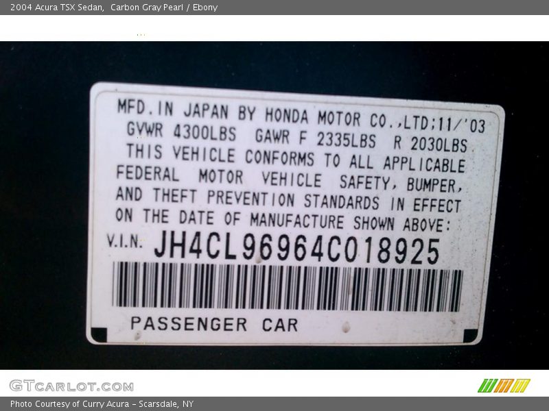 Info Tag of 2004 TSX Sedan