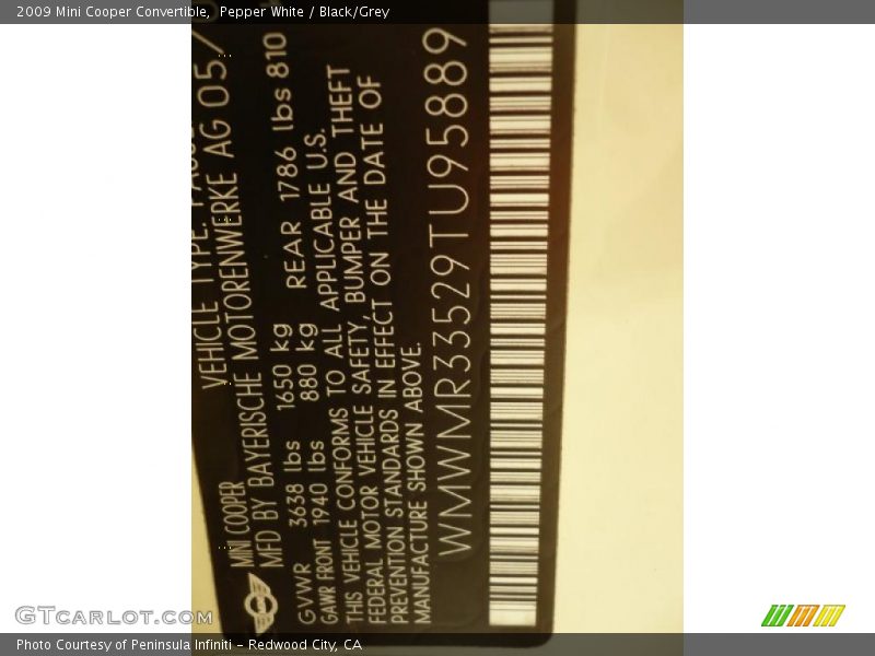 Pepper White / Black/Grey 2009 Mini Cooper Convertible