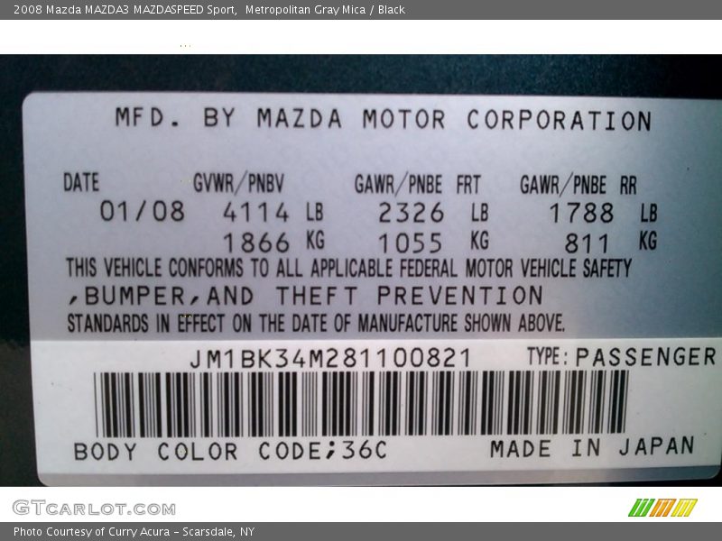2008 MAZDA3 MAZDASPEED Sport Metropolitan Gray Mica Color Code 36C