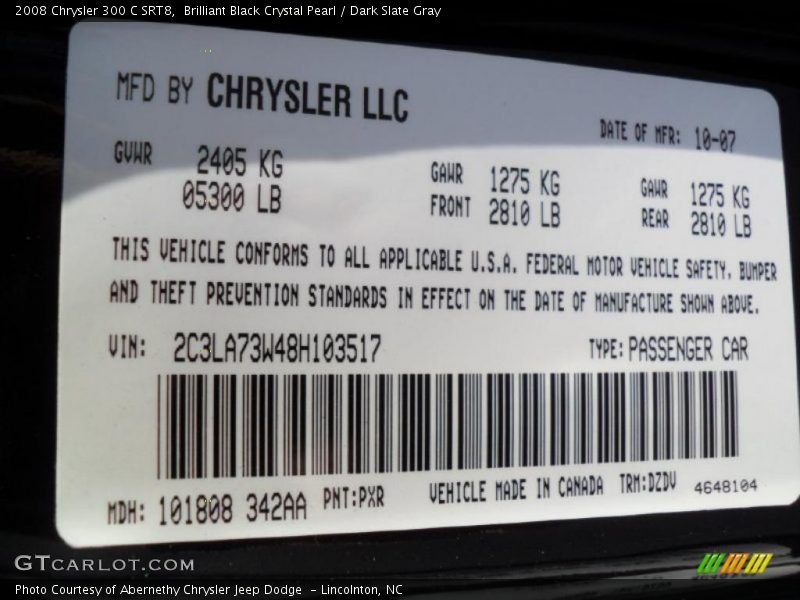 2008 300 C SRT8 Brilliant Black Crystal Pearl Color Code PXR