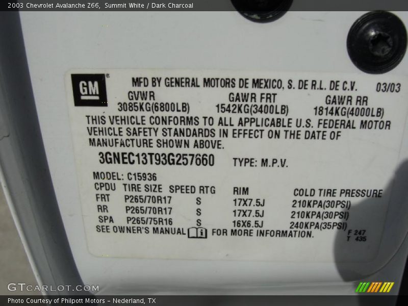 Summit White / Dark Charcoal 2003 Chevrolet Avalanche Z66