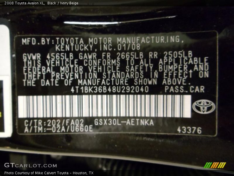 Black / Ivory Beige 2008 Toyota Avalon XL