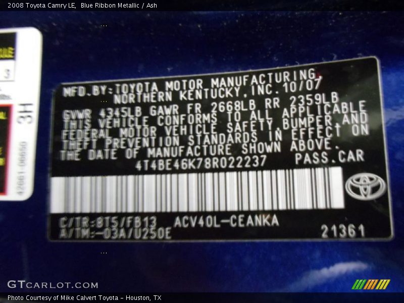Blue Ribbon Metallic / Ash 2008 Toyota Camry LE