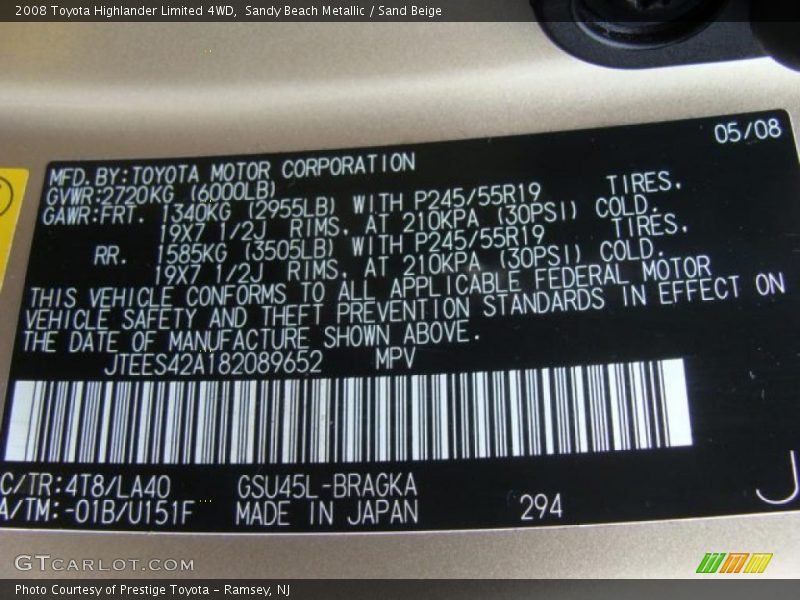 Sandy Beach Metallic / Sand Beige 2008 Toyota Highlander Limited 4WD