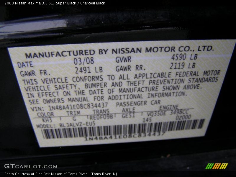 Super Black / Charcoal Black 2008 Nissan Maxima 3.5 SE