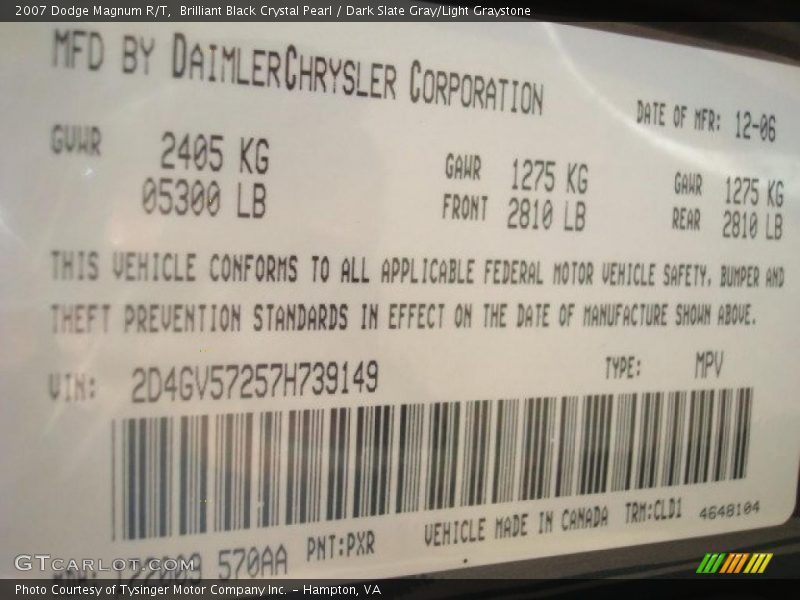 Brilliant Black Crystal Pearl / Dark Slate Gray/Light Graystone 2007 Dodge Magnum R/T