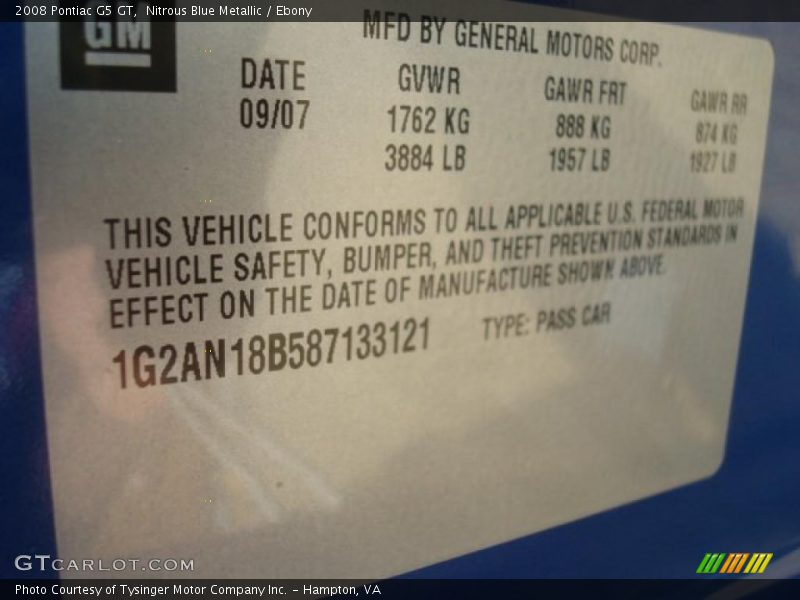 Nitrous Blue Metallic / Ebony 2008 Pontiac G5 GT