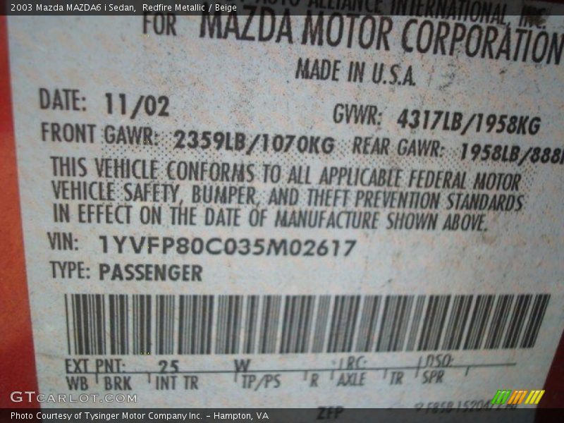 Redfire Metallic / Beige 2003 Mazda MAZDA6 i Sedan