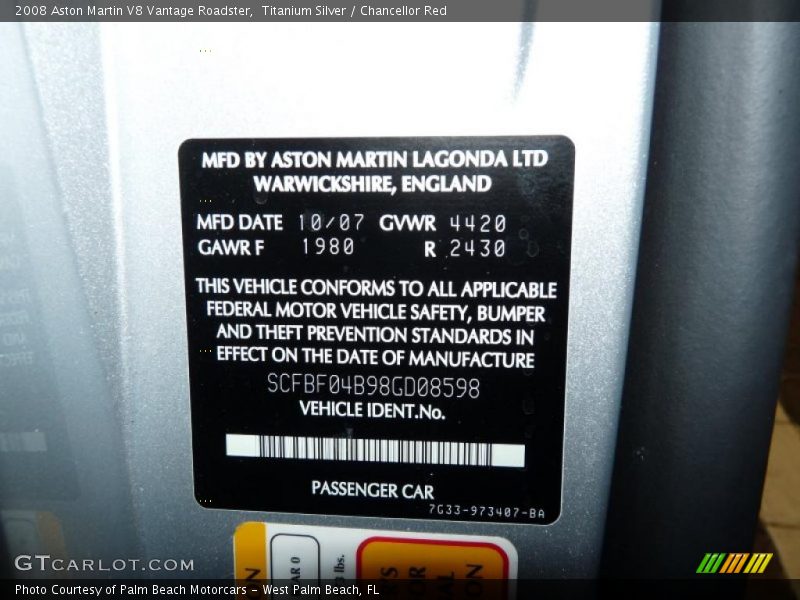 Info Tag of 2008 V8 Vantage Roadster