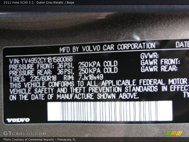 Oyster Grey Metallic / Beige 2011 Volvo XC90 3.2