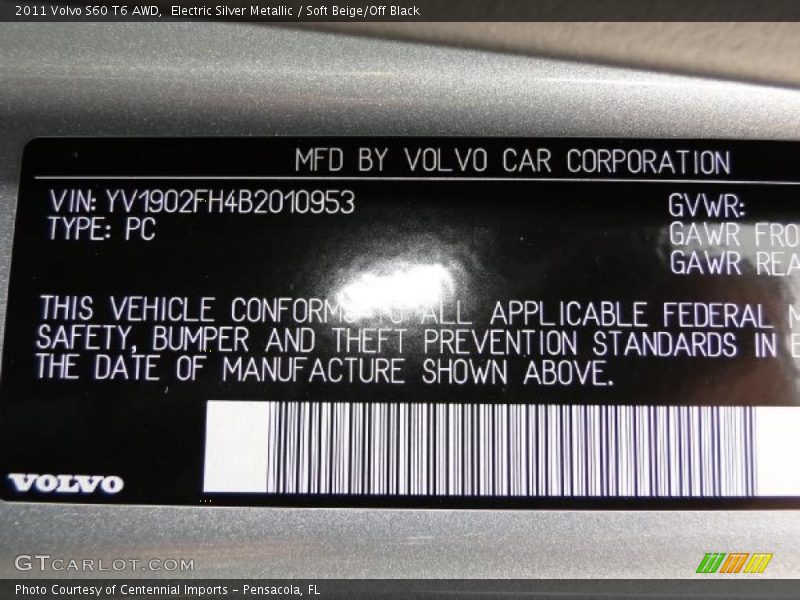 Info Tag of 2011 S60 T6 AWD