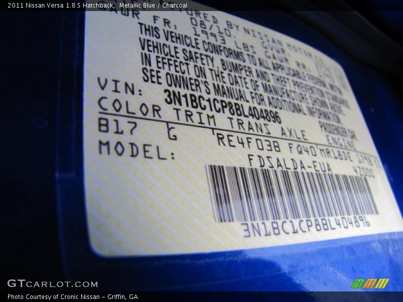Metallic Blue / Charcoal 2011 Nissan Versa 1.8 S Hatchback