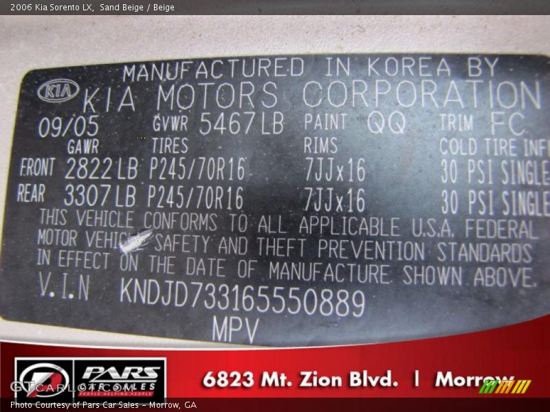 Sand Beige / Beige 2006 Kia Sorento LX