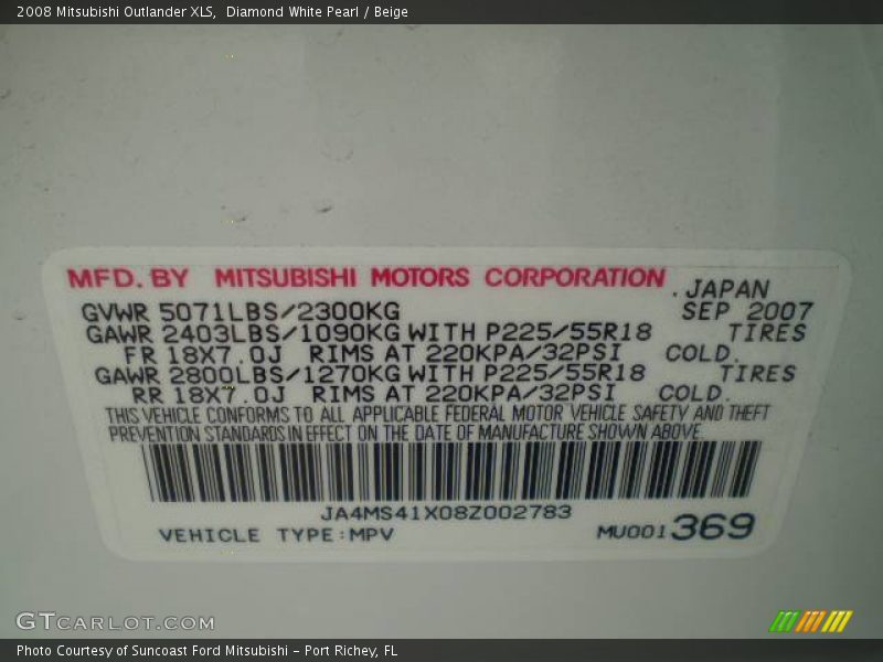 Diamond White Pearl / Beige 2008 Mitsubishi Outlander XLS