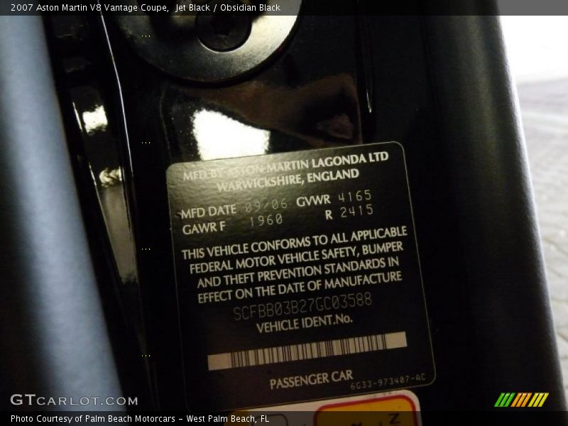 Info Tag of 2007 V8 Vantage Coupe
