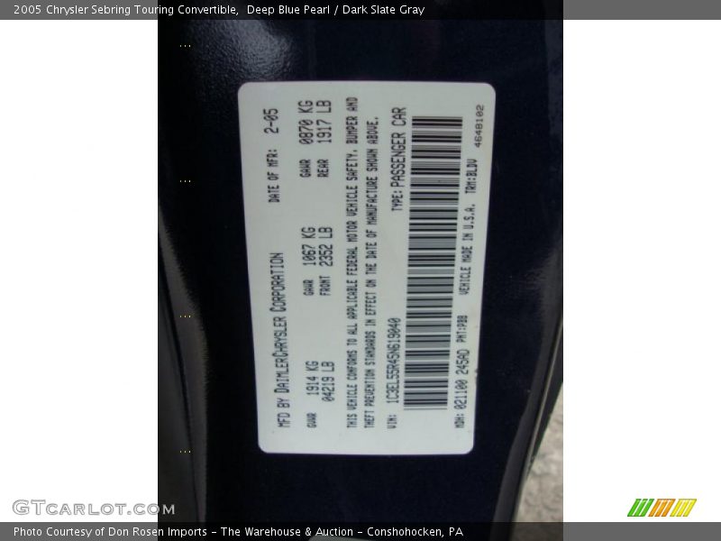 Deep Blue Pearl / Dark Slate Gray 2005 Chrysler Sebring Touring Convertible