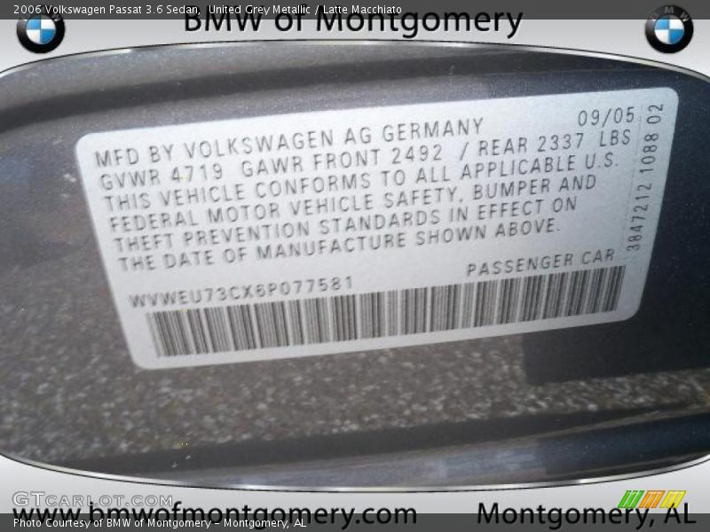 United Grey Metallic / Latte Macchiato 2006 Volkswagen Passat 3.6 Sedan