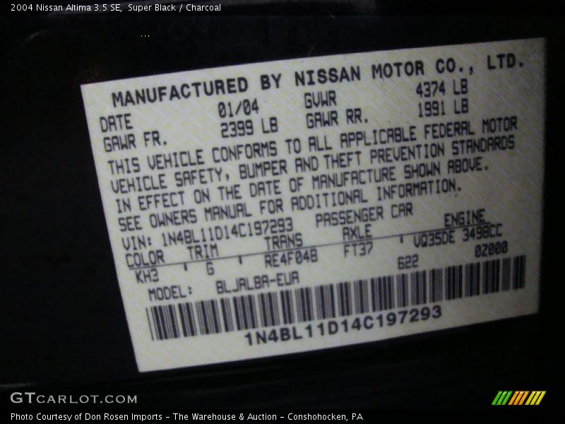 2004 Altima 3.5 SE Super Black Color Code KH3