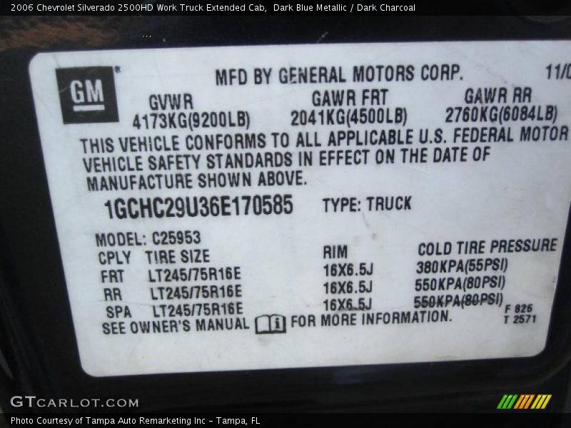 Info Tag of 2006 Silverado 2500HD Work Truck Extended Cab