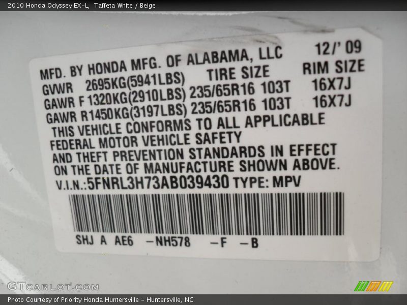 Taffeta White / Beige 2010 Honda Odyssey EX-L