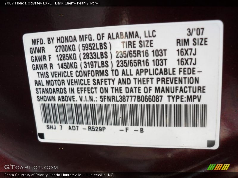 Dark Cherry Pearl / Ivory 2007 Honda Odyssey EX-L