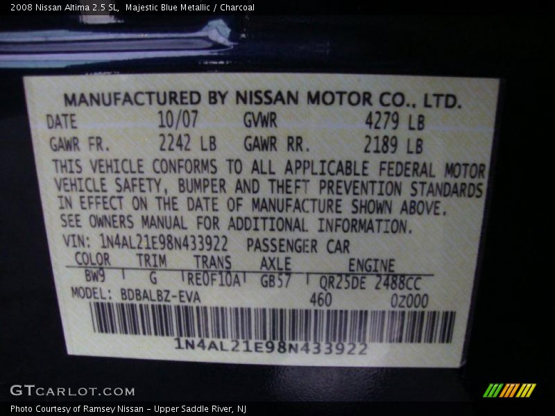 Majestic Blue Metallic / Charcoal 2008 Nissan Altima 2.5 SL