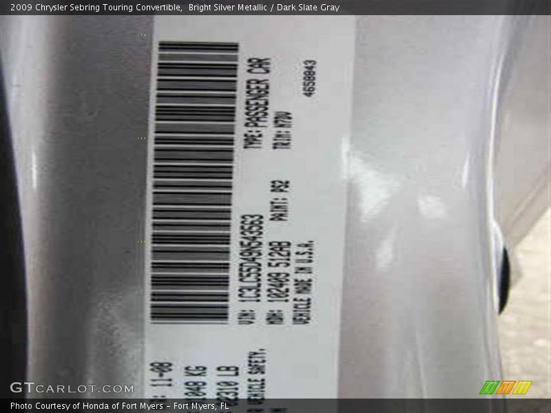 Bright Silver Metallic / Dark Slate Gray 2009 Chrysler Sebring Touring Convertible