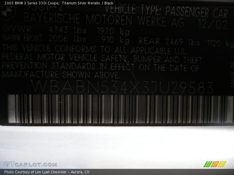 Titanium Silver Metallic / Black 2003 BMW 3 Series 330i Coupe
