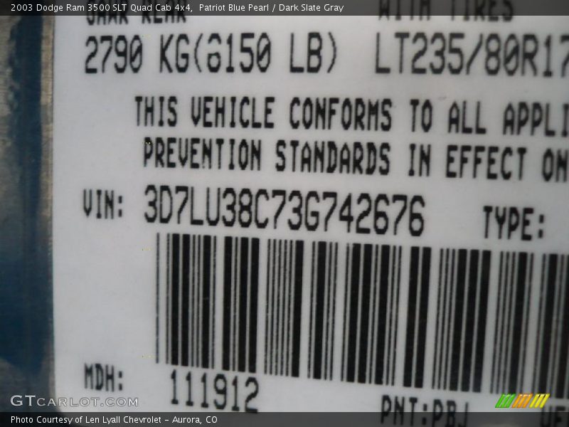 2003 Ram 3500 SLT Quad Cab 4x4 Patriot Blue Pearl Color Code PBJ