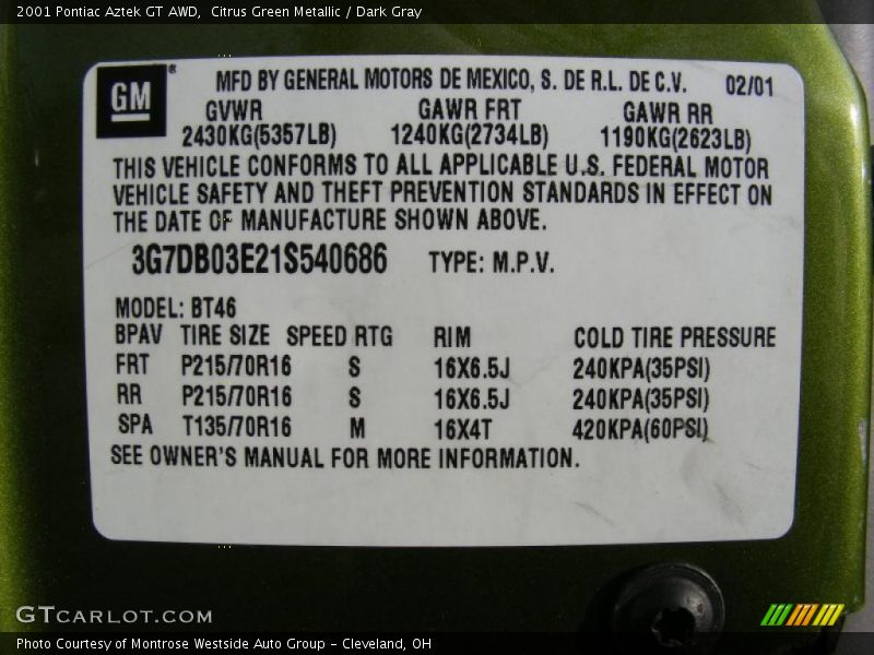 Info Tag of 2001 Aztek GT AWD