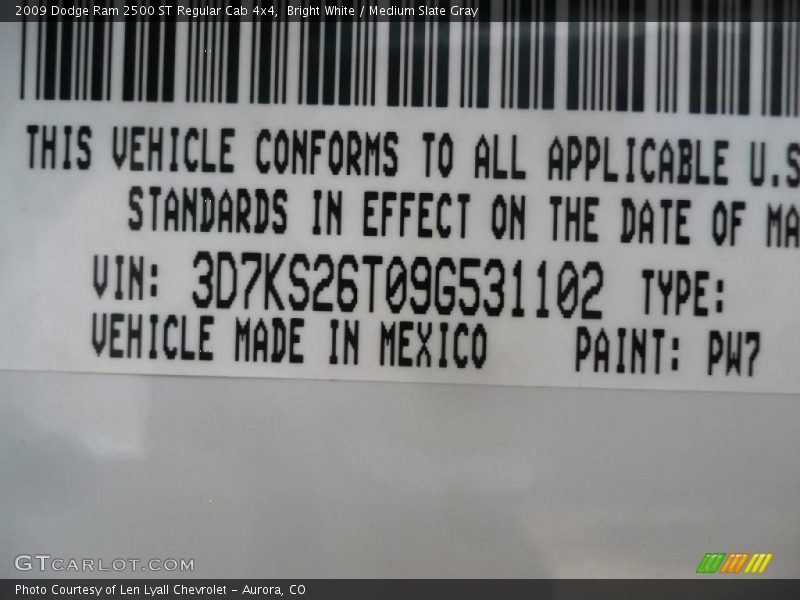 2009 Ram 2500 ST Regular Cab 4x4 Bright White Color Code PW7