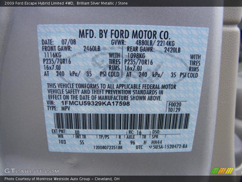 2009 Escape Hybrid Limited 4WD Brilliant Silver Metallic Color Code UI